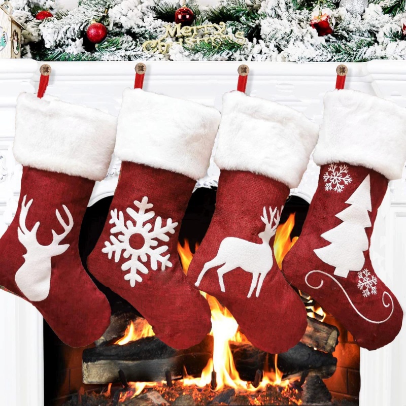 Embroidery Xmas Stocking - 빨간 산타 양말 엘크 눈송이 선물