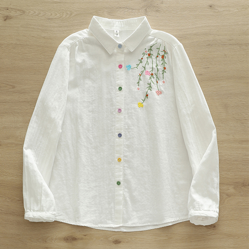 Embroidery Artist - 가을 더블 레이어 코튼 긴팔 블라우스