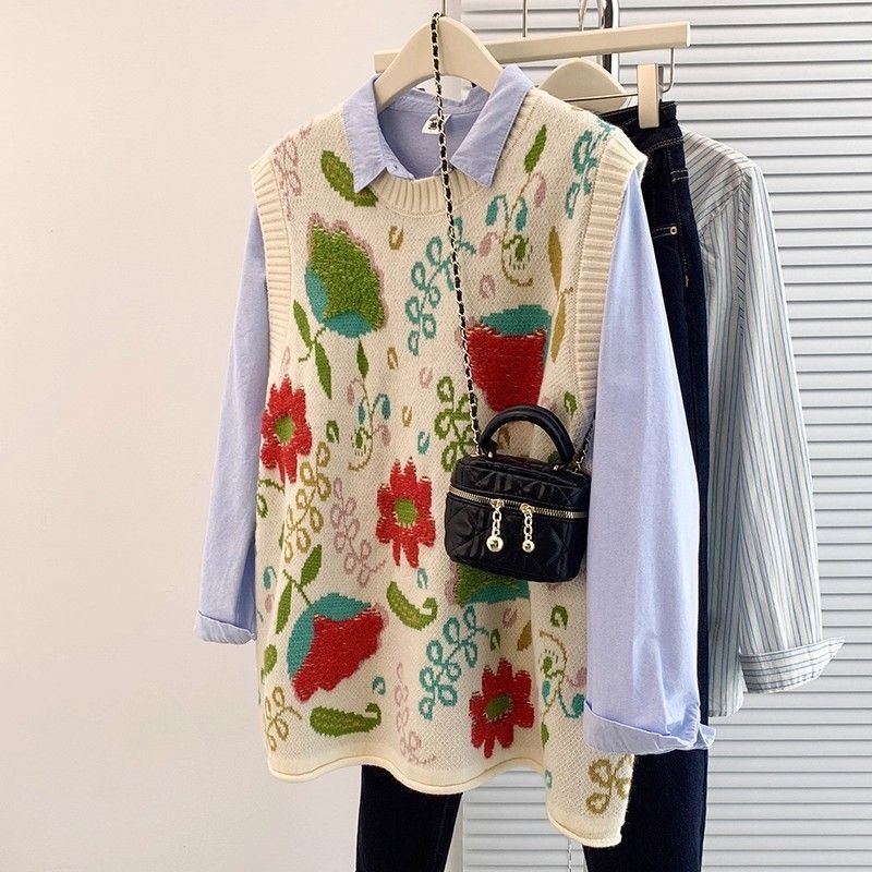 Embroidery Artist - 여성용 가을 예술적 젊은 감각의 라운드넥