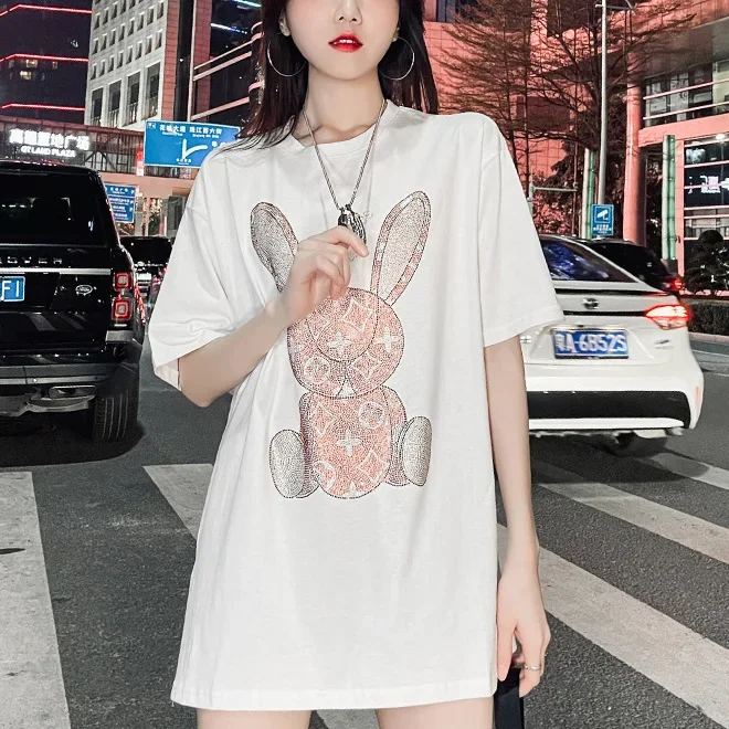 Embroidery Print - 여성용 여름 캐주얼 티셔츠: 다이아몬드 카툰