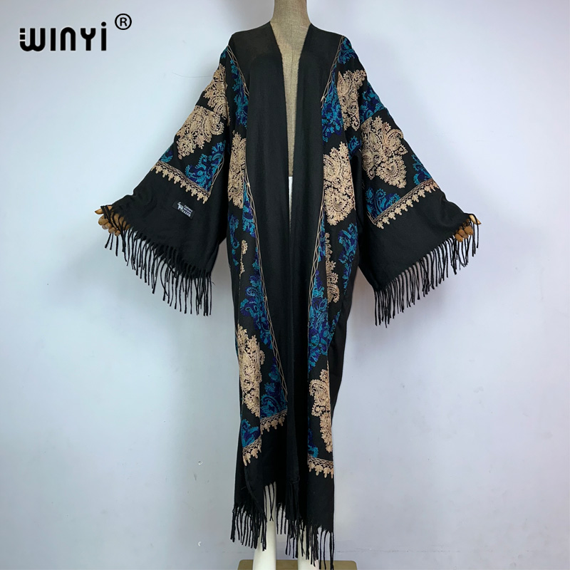 Embroidery Abaya - 윈이 겨울 여성 태슬 파시미나 자수