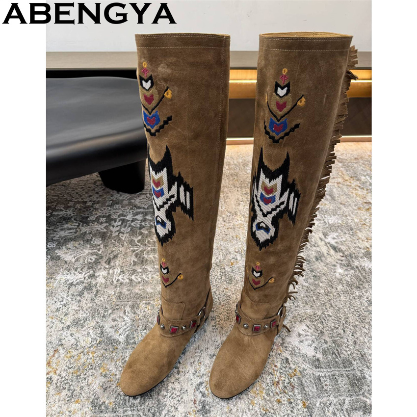 Embroidery Print - ABENGYA 2026 겨울 새로운 무릎 높은