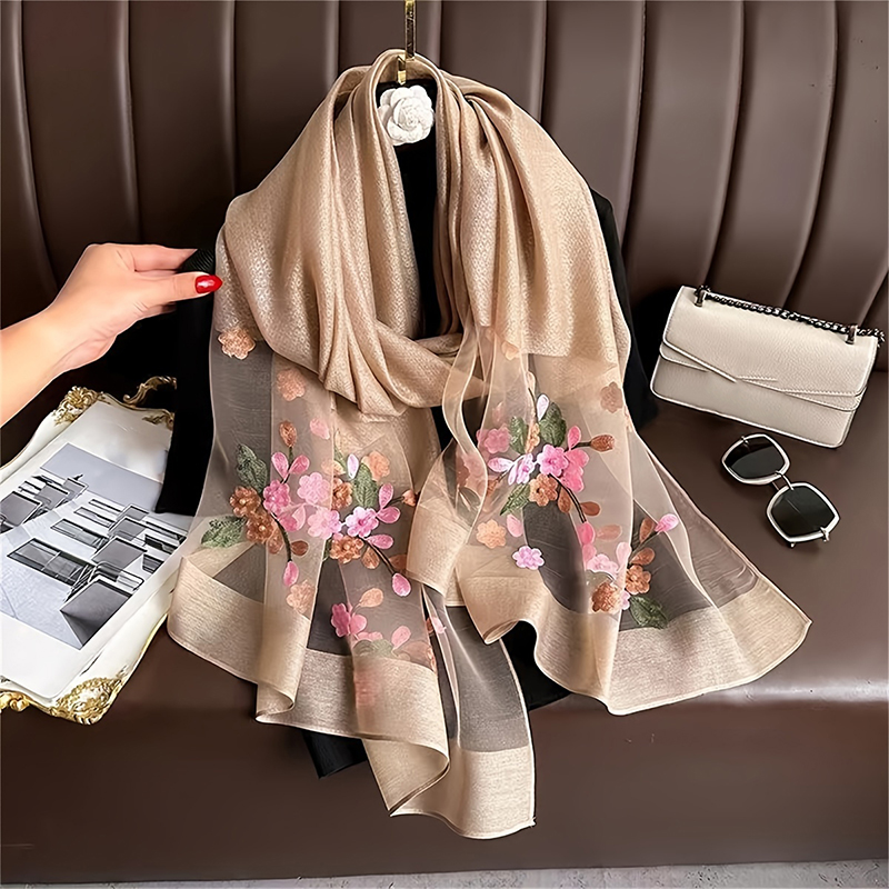 Embroidery Shawl - 여성 실크 울 스카프 꽃 자수