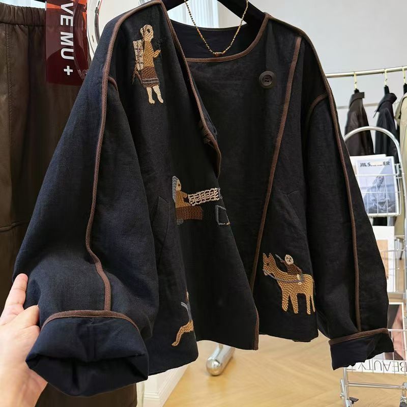 Embroidery A - 여성용 헤비 자수 라운드넥 숏, 가을