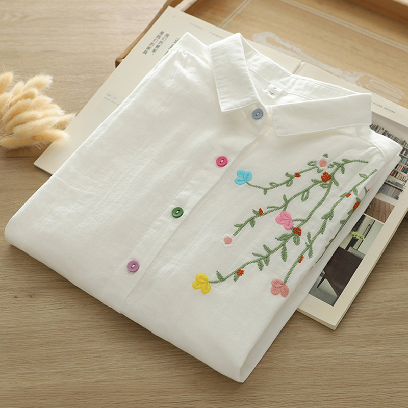 가을 더블 레이어 코튼 긴팔 블라우스 여성 의류 예술적 - Embroidery Artist 리뷰 및 가격