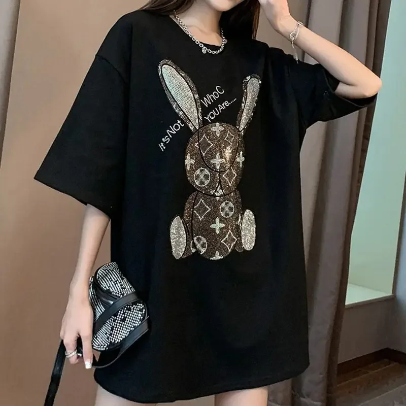 여성용 여름 캐주얼 티셔츠: 다이아몬드 카툰 프린트 반 - Embroidery Print 리뷰 및 가격