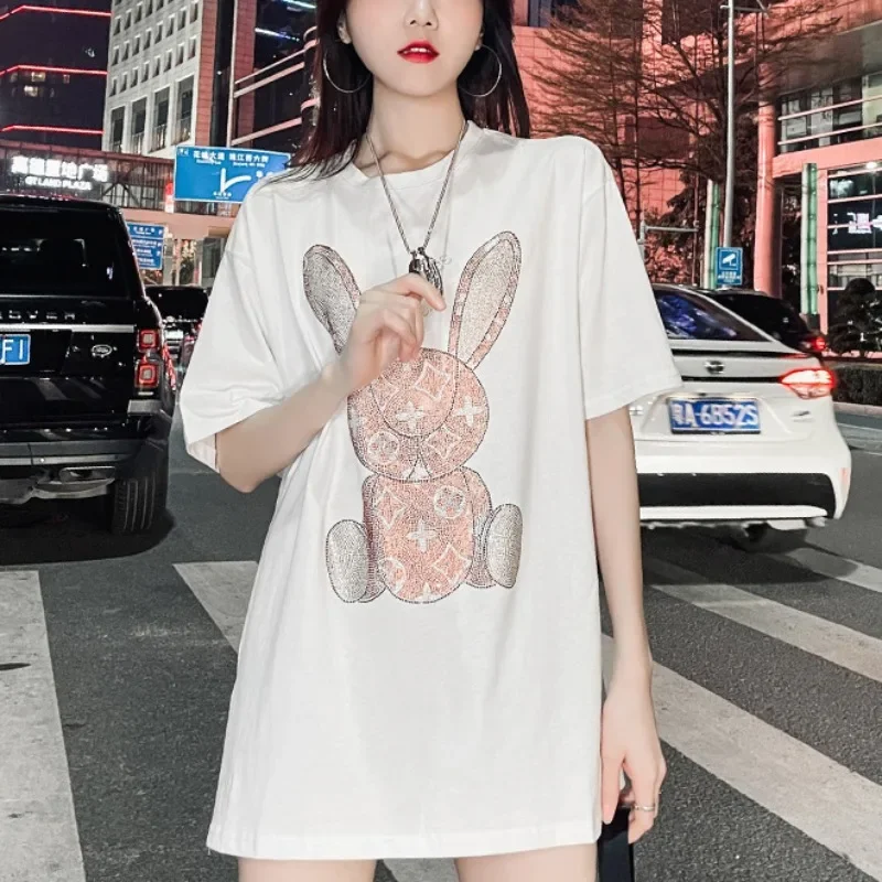 여성용 여름 캐주얼 티셔츠: 다이아몬드 카툰 프린트 반 - Embroidery Print 리뷰 및 가격