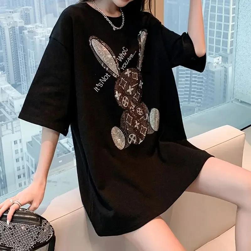 여성용 여름 캐주얼 티셔츠: 다이아몬드 카툰 프린트 반 - Embroidery Print 리뷰 및 가격