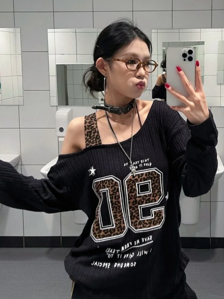Y2K 패치워크 레오파드 프린트 티셔츠 여성 루즈핏 스 - Embroidery Print 리뷰 및 가격