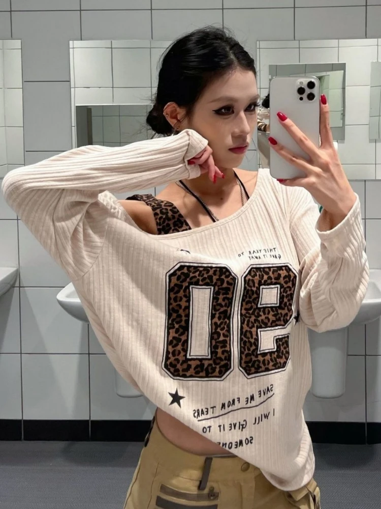 Y2K 패치워크 레오파드 프린트 티셔츠 여성 루즈핏 스 - Embroidery Print 리뷰 및 가격