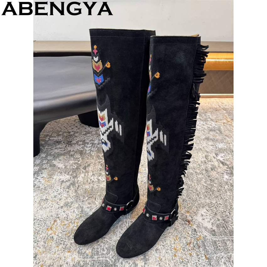 ABENGYA 2026 겨울 새로운 무릎 높은 부츠 여 - Embroidery Print 리뷰 및 가격
