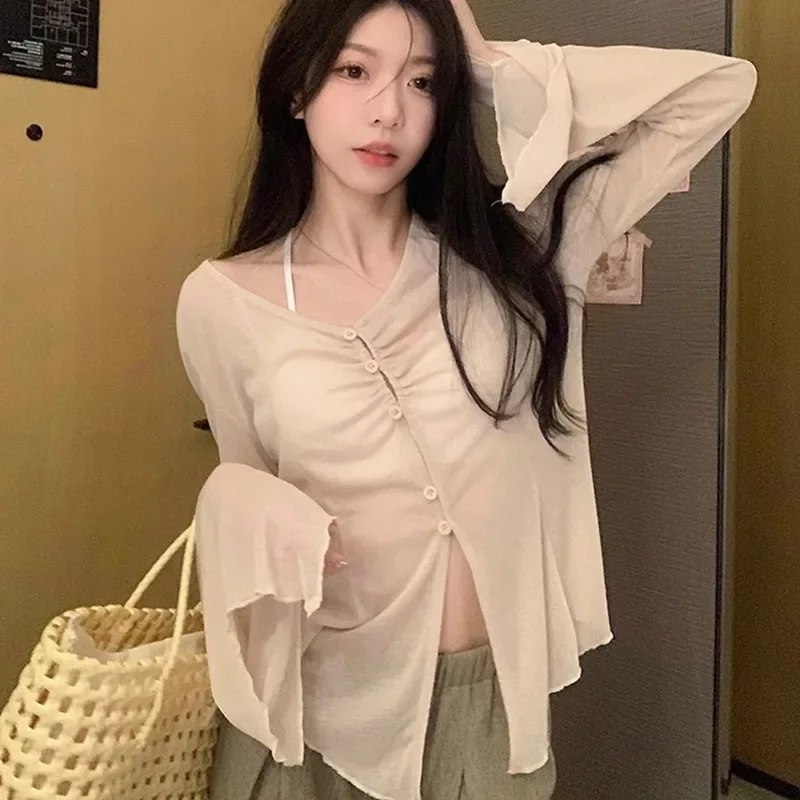 쉬어 플레어 슬리브 블라우스 - Y2K 페어리 스윗 하 - Embroidery A 리뷰 및 가격