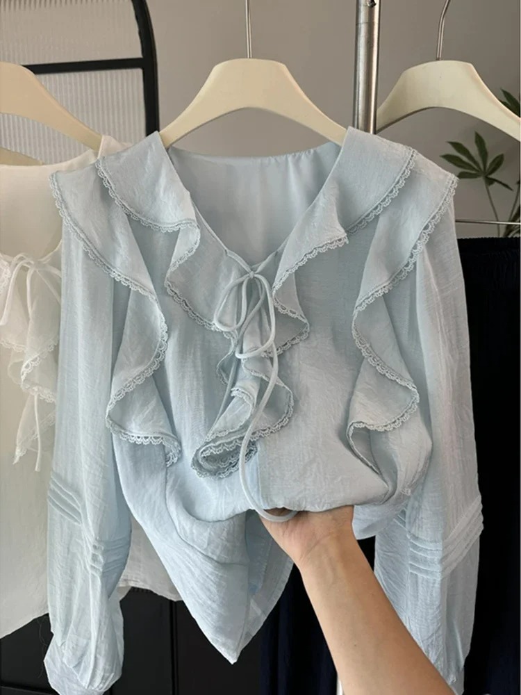 프렌치 V넥 시크 긴팔 블라우스 여성용 봄 여름 러플  - Embroidery A 리뷰 및 가격